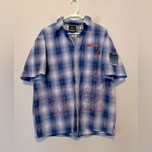 Bugle Boy Size Large Blue Plaid Men’s Short Sleeve Y2K Button Up